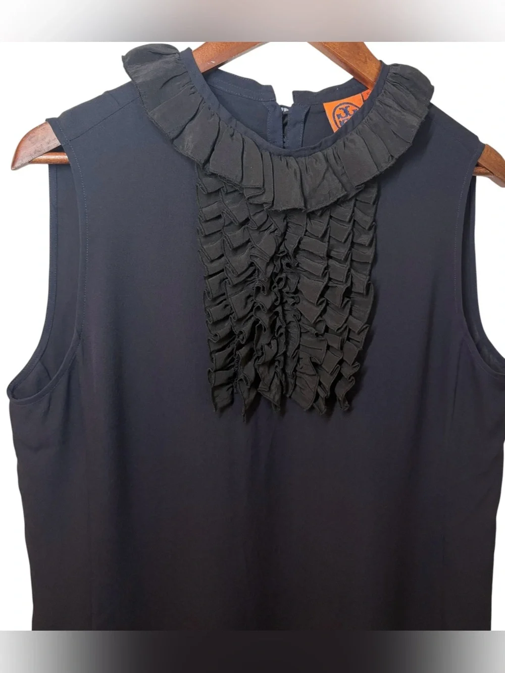 Tory Burch SILK Ruffled Bib Collar Sleeveless Blouse Top Navy Black Size 12